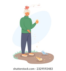 Active man giving food for birds. Cartoon character spending time with animals. Active lifestyle for seniors. Time for feeding birds. Concept of happy retirement. Vector flat illustration