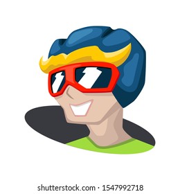 Active man head in helmet. Cartoon vector mascot on white background. Racer head icon. Sportsman smiling face. Cool guy in helm and sunglasses. Winter sport fun concept. Safe paintball equipment