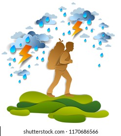 Active man hiking in storm with lightning and rain, motivation, survival test. Vector illustration of stormy weather with hiking guy carrying backpack, dark cloudy sky, holidays.