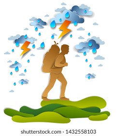 Active man hiking in storm with lightning and rain, motivation, survival test. Vector illustration of stormy weather with hiking guy carrying backpack, dark cloudy sky, holidays.