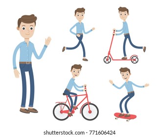 Active man hobby:  run, ride a bike, scooter, skateboard 