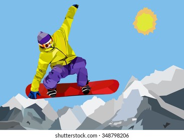 Active man jumping and flying with snowboard at mountains background. Color vector illustration in modern trendy WPAP art style