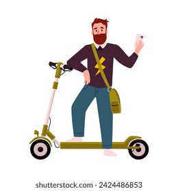 Hombre activo en scooter eléctrico que sostiene el teléfono en su mano. Moderno masculino que conduce el transporte urbano ecológico. Ilustración vectorial de servicio de compartir en línea de dibujos animados aislada sobre fondo blanco