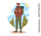 Active man on hike. Trekking and backpacking male character, hiking tourist outdoor adventure flat vector illustration. Guy hiking on wild nature trail