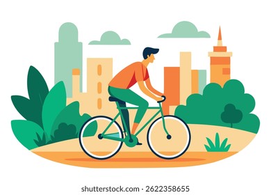An active man pedals his bicycle amidst stylized city buildings and lush greenery, showcasing a vibrant urban landscape and promoting an environmentally conscious lifestyle.