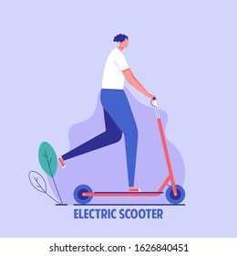 Active man riding electric scooter. Kick scooter rental in city. Concept of eco or environment friendly transport, active and urban lifestyle, alternative transportation. Vector illustration