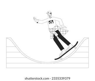 Active man riding on skateboard flat line black white vector character. Editable outline full body skater doing tricks on ramp. Simple cartoon isolated spot illustration for web graphic design