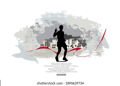 Active man. Running man with abstract sport landscape background, vector.