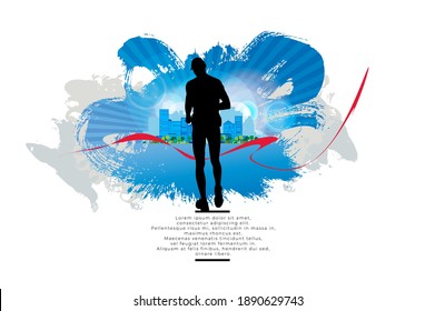 Hombre activo. Hombre en ejecución con fondo de paisaje deportivo abstracto, vector.