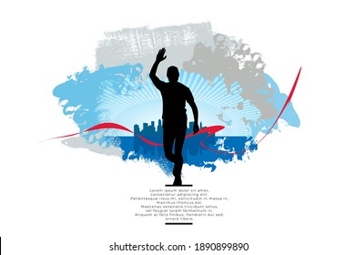 Active man. Running man with abstract sport landscape background, vector.