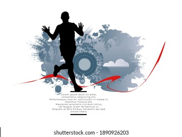 Hombre activo. Hombre en ejecución con fondo de paisaje deportivo abstracto, vector.