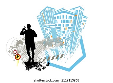 Active man. Running man with abstract sport landscape background, vector