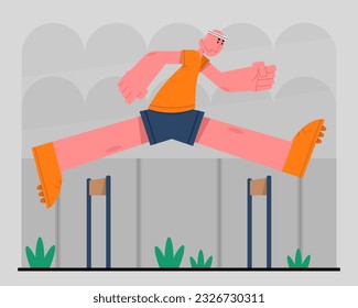 Active man running and jumps over obstacles. Doing sports outdoor. Morning training time. Active and healthy lifestyle. Concept of doing workout. Vector flat illustration in cartoon style