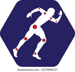Aktiver Mann, laufender Silhouette, Gelenkschmerzsymbole, Logo-Symbol. Physiotherapie Behandlung Design Vorlage Vektor mit Menschen laufen. Farbige Vektorgesundheit. Logo der Klinik für Physiotherapie. Logo für Physiotherapie