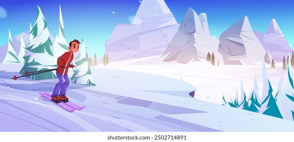 Hombre activo esquiando en las montañas de invierno. Ilustración de dibujos animados de Vector del personaje masculino que se divierte en la estación de esquí, disfrutando de la actividad deportiva al aire libre en el paisaje blanco nevado con rocas y abetos verdes