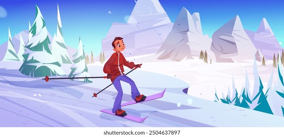 Active man skiing in winter mountains. Vector cartoon illustration of male character having fun at ski resort, enjoying outdoor sports activity on white snowy landscape with rocks and green fir trees