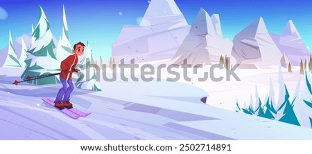 Active man skiing in winter mountains. Vector cartoon illustration of male character having fun at ski resort, enjoying outdoor sports activity on white snowy landscape with rocks and green fir trees