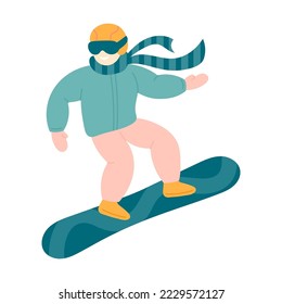 Active man snowboarding. Illustration of snowboarder jumping in action pose isolated on white. Winter extreme sport