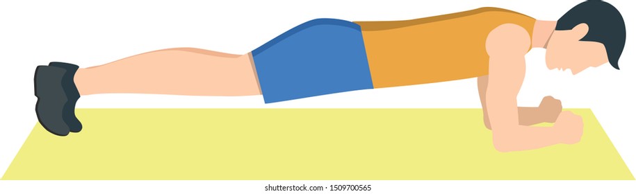 The active man in the sportswear is doing the plank exercise. Flat illustration of young strong man training plank - Vecto