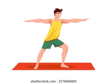 Active Man In Sportswear Doing Yoga Exercise At Home Or Gym. Flexible Male Practicing Fitness Or  Pilates On Mat. Healthy Lifestyle Concept. Vector Cartoon Character Illustration.