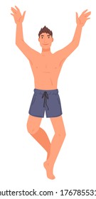 Active man wearing swimming shorts raising hands, catching playing game. Sportive male on summer vacation by seaside. Summertime leisure and relaxation, swimwear of character vector in flat style