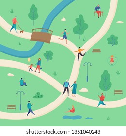 Active man and woman with children in the park. Outdoor workout. Group people characters doing different activities. Flat cartoon vector illustration.