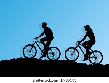 Active man and woman couple family cyclists bicycle riders in romantic wild mountain nature landscape background illustration vector