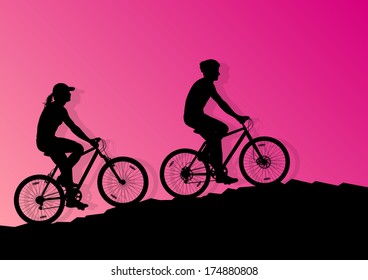 Active man and woman couple family cyclists bicycle riders in romantic wild mountain nature landscape background illustration vector