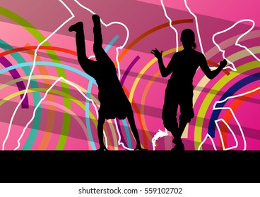 Active man and woman dancers silhouettes in abstract background illustration vector