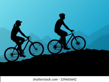 Active man and woman family cyclists bicycle riders in wild mountain nature landscape background illustration vector