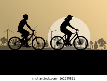 Active Man And Woman Family Cyclists Bicycle Riders In Countryside Nature Landscape Background Illustration Vector