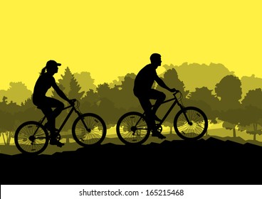 Active man and woman family cyclists bicycle riders in wild forest nature landscape background illustration vector