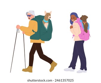 Active man and woman hiker tourist cartoon character travelling with dogs in backpack luggage