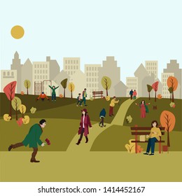 Active man and woman in the park. Outdoor workout. Group people characters doing different activities. Flat cartoon vector illustration.
