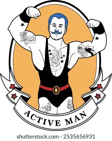 
ACTIVE MAN,workout illustration,character, training, muscle, Tattoo