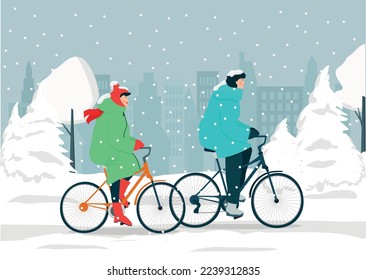 Una pareja activa casada monta bicicletas en el parque de la ciudad en invierno. Animación deportiva. Ilustración vectorial.