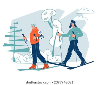 Active mature couple skiing. Elderly man and woman enjoying outdoor winter physical activity, flat vector illustration isolated on white background.