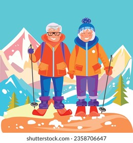 Active mature couple skiing and traveling at a winter resort. Vector flat illustration with mountains landscape. Elderly man and woman enjoying physical activity outdoors in winter.