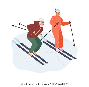 Pareja activa madura en el paseo deportivo en la ilustración plana vectorial de esquí. Feliz hombre y mujer disfrutando de la actividad física al aire libre en invierno aislado en blanco. La familia pasa tiempo juntos haciendo deporte