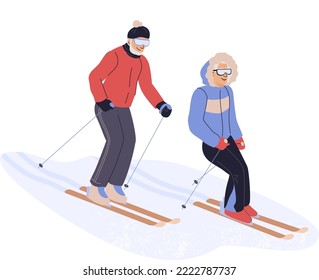 Active mature couple in sportswear ride on ski. Eldery man and woman enjoying outdoor winter physical activity. Vector flat illustration isolated on white. Family spending time together doing sport