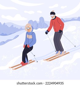 Active mature couple in sportswear ride on ski. Eldery man and woman enjoying outdoor winter physical activity. Vector flat illustration with landscape. Family spending time together doing sport