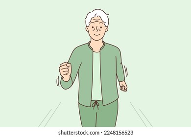 El abuelo activo y maduro en el deporte de jogging al aire libre sigue un estilo de vida saludable. El abuelo, enérgico y anciano sonriendo, corre por la calle. Madurez y deporte. Ilustración vectorial. 