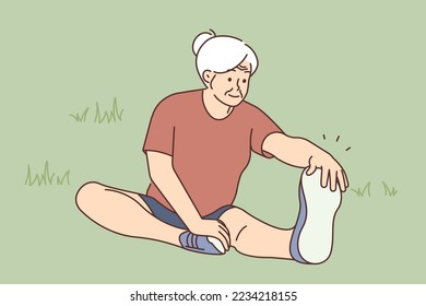 Active mature grandmother sit on grass outdoors do gymnastics. Happy elderly woman do sport in park. Healthy maturity and physical activity. Vector illustration. 
