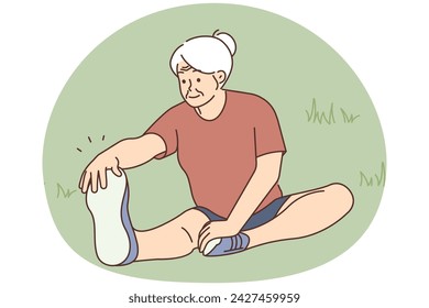 Active mature grandmother sit on grass outdoors do gymnastics. Happy elderly woman do sport in park. Healthy maturity and physical activity. Vector illustration.