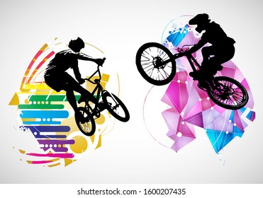 Active men. BMX riders in abstract sport landscape background, vector.