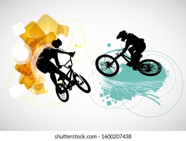 Active men. BMX riders in abstract sport landscape background, vector.