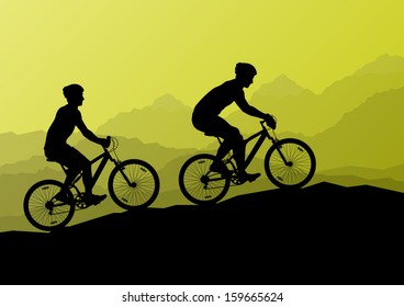 Active men cyclists bicycle riders in wild mountain nature landscape background illustration vector