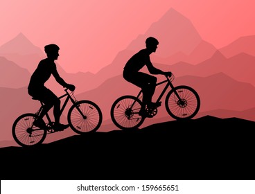 Active men cyclists bicycle riders in wild mountain nature landscape background illustration vector