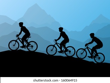 Active men cyclists bicycle riders in wild mountain nature landscape background illustration vector