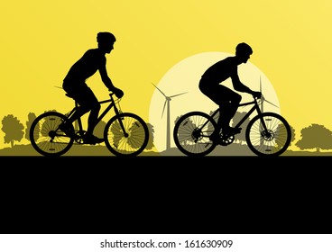 Active men cyclists bicycle riders in countryside nature landscape background illustration vector